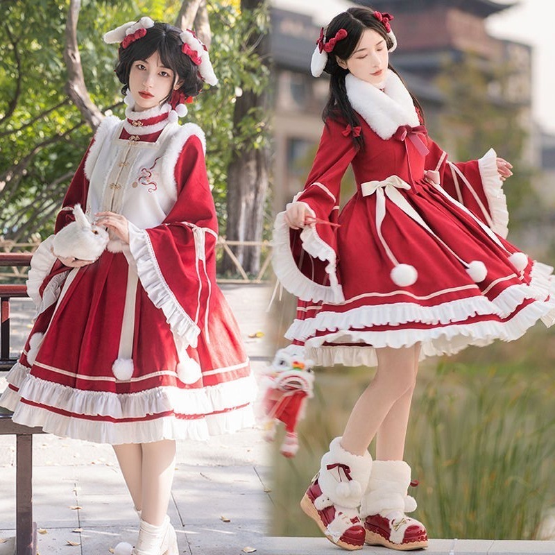 【1枚購入で20% OFF】新品 中華風 ワンピース クリスマス衣装 クリスマスワンピース 刺繍ベスト opセット ウールの 厚み 冬 ロリータ