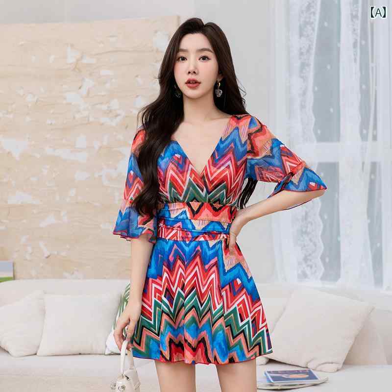 ワンピース ボクサー 水着 ミドルスリーブ Vネック スリム 見え フィット お腹カバー スカート 日焼け防止 温泉 海辺 リゾート スカート 胸パッド ノンワイヤー