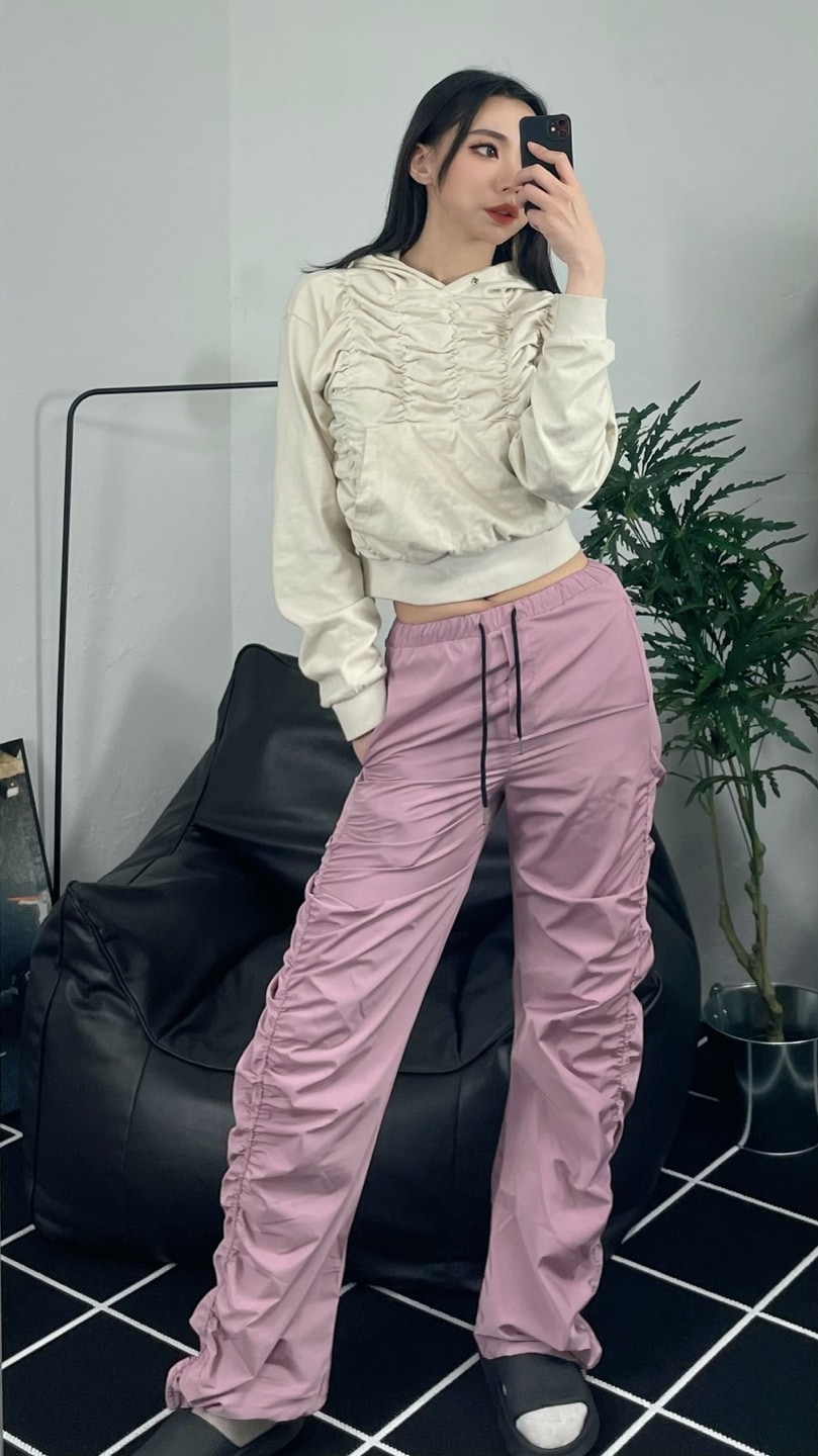 [韓国 生産] shring long color pants / カサカサ シャーリング ロング カラー パンツ 3カラー(ブラックピンクチャコール) ユニーク バンディング ヒップ ゴフコアストリ