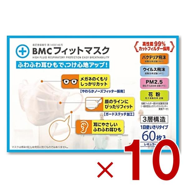 BMC フィットマスク レギュラー 60枚入 1日使い切りタイプ ビーエムシー ふつうサイズ 不織布マスク 耳が痛くなりにくい 10個