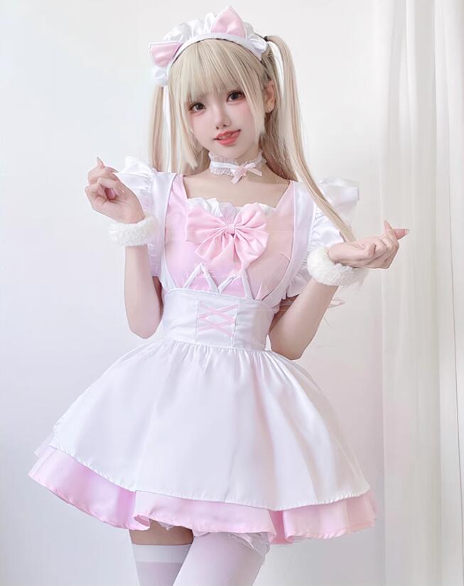 ピンク メイド服 可愛い メイドロリータ ワンピース 半袖 メイド喫茶 cosplay メイド cos 可愛い ロリータワンピース ハロウィン コスチューム スカラップ 文化祭 学園祭 変身仮装 大き