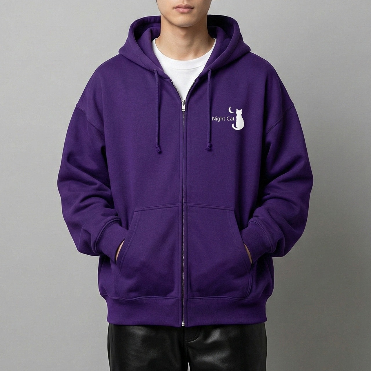 【Night Cat】ロゴ入り フルジップパーカー 10oz 裏パイル (パープル) 夜猫 ストア かわいい 猫 ロゴ マーク クール ストリート ゴスロリ パンク ファッション