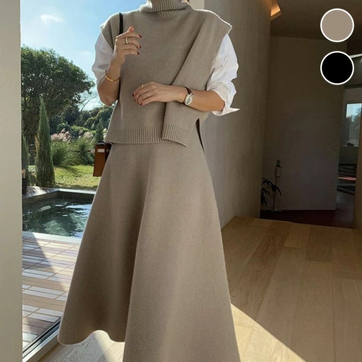 ニット セーター ベスト ハイネック Aラインスカート セットアップ プルオーバー 体型カバー 秋冬 おすすめ レディース オシャレ トレンド 人気 プチプラ 韓国ファッション