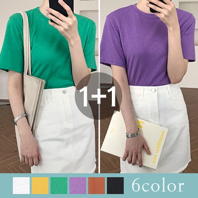 1+1お得セット見逃し禁止春に着たい1+1のデイリーラウンド基本半袖瑕6color乙女なあなたへ贈る韓国ファッションショップluv-anotherラブリーコーデ完成送料無料
