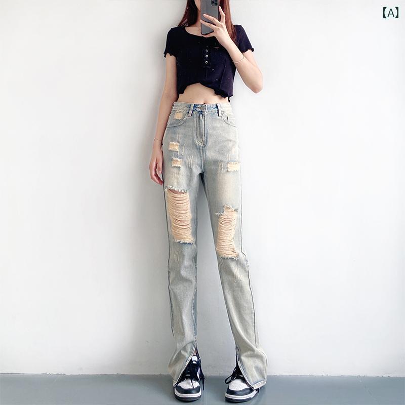 デニムパンツ レディース メンズ ダメージ ジーンズ クラッシュ ボトムス ストリート カジュアル ハイウエスト タイト ストレート ウォッシュド ジッパー スリット ブルー