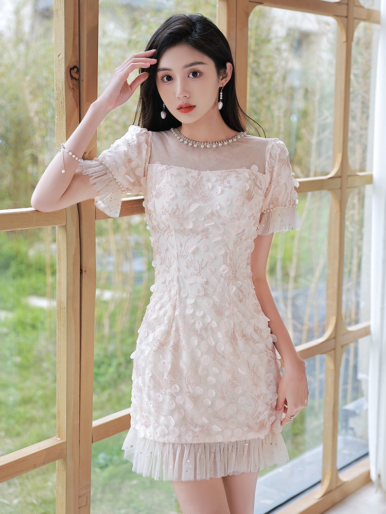 パーティードレス タイトワンピース 夏 ワンピース ひざ下ワンピース レディース レース 半袖 飲み会 結婚式 気質 お呼ばれ 大人 着痩せ-404