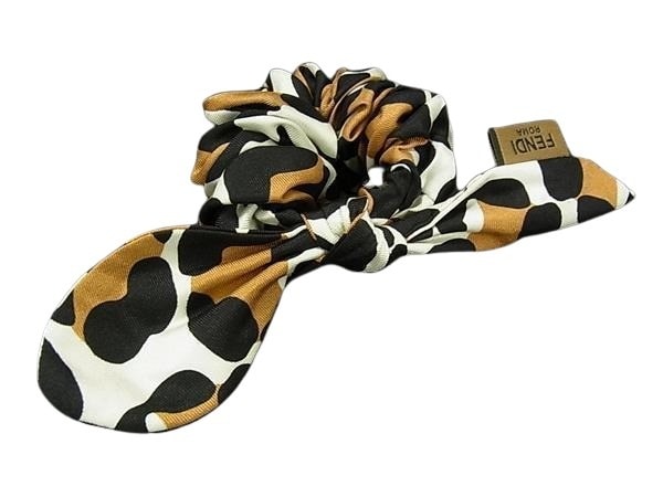 ヘアアクセサリー シュシュ - ブラウン系×アイボリー系×ブラック系 シルク レディース ヘアゴム リボン【本物保証】