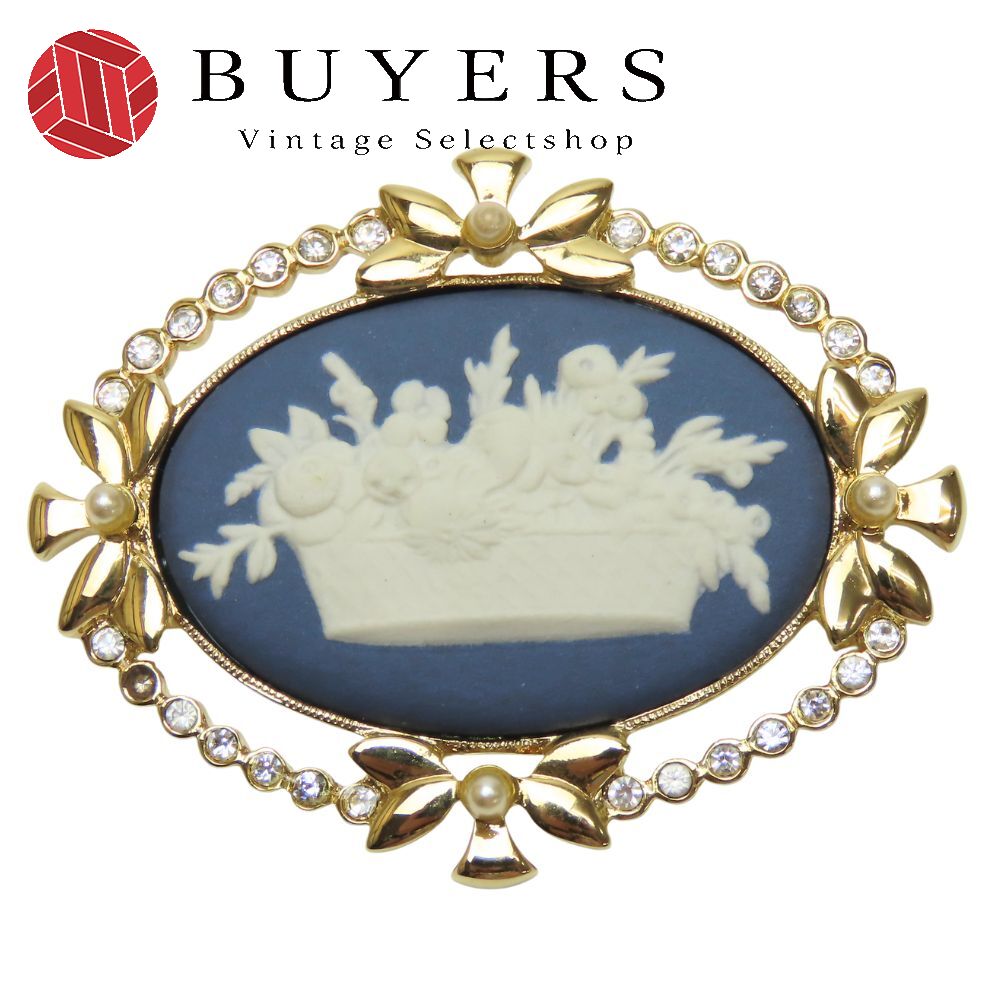 中古 ブローチ メタル ラインストーン ブルー ゴールド金具 メッキ アクセサリー レディース 女性
