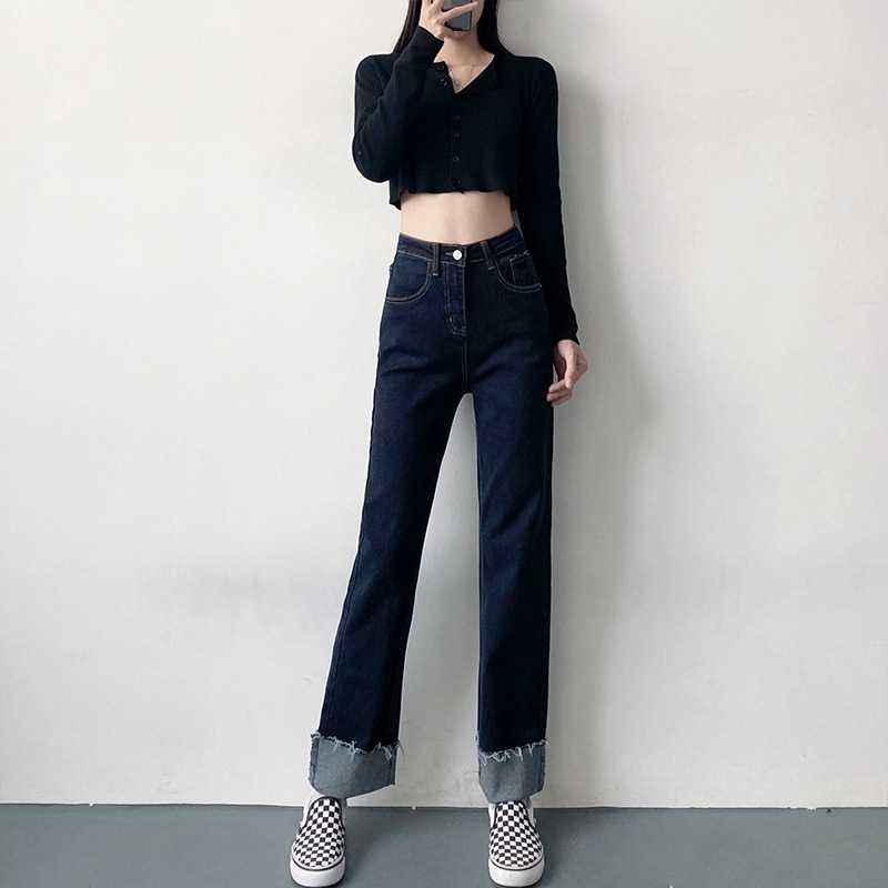 ボトムス パンツ ワイド ストレート デニム ロング丈 ポケット ハイウエスト 切りっぱなし ボア 厚手 ダークブルー 個性的 マルチ デイリー 無地 春 秋 冬 お出かけ 普段使い レディース
