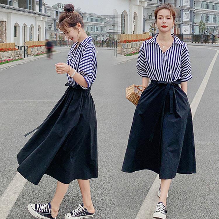 シャツワンピース レディース マキシワンピース 春夏新作 半袖 ボーダー柄シャツワンピース フェイクレイヤードスカートオシャレ韓国風 大人 カジュアル 4,622円