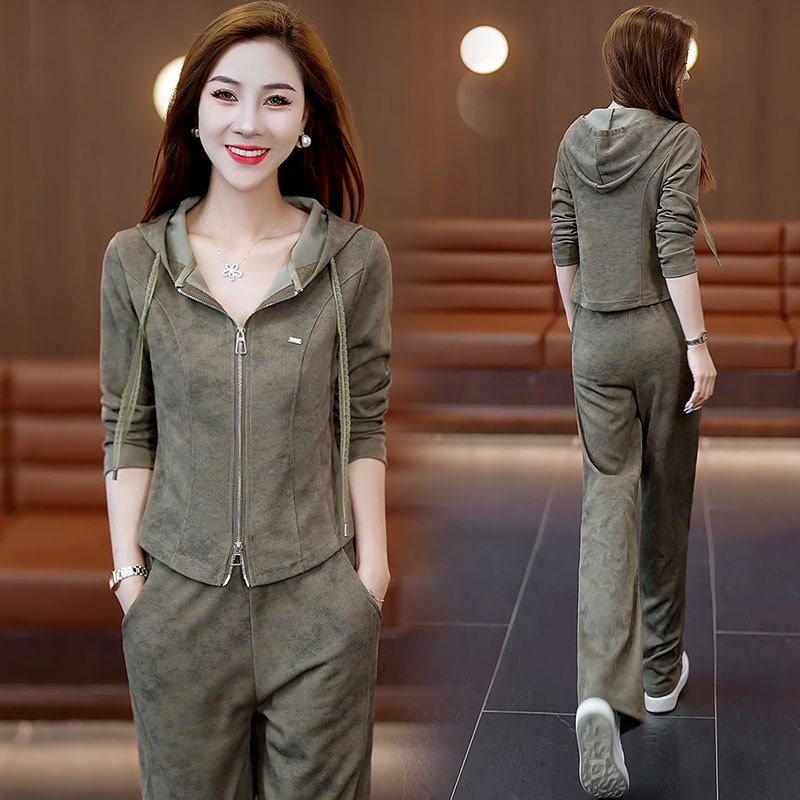 レディースカジュアルスポーツウェアスーツ秋ファッション年齢軽減フード付きトレーナーコートワイドパンツ着痩せ2点セット