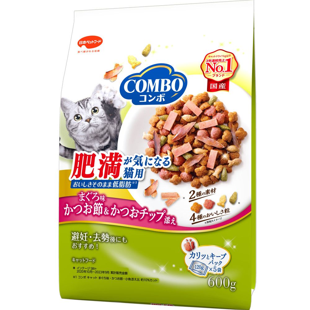 【12個セット】 日本ペットフード コンボキャット肥満が気になる猫用まぐろ味・かつお節・かつおチップ添え600g