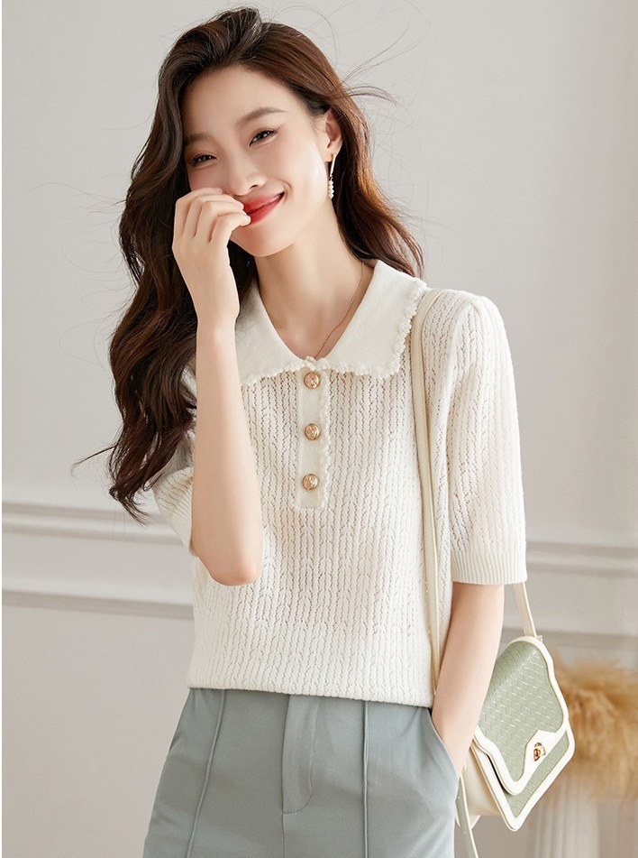 エレガント ポロ襟 ウール セーター 女性 秋 冬 薄い セクション 半袖 tシャツ セクション トップ ホワイト ブラック フリーサイズ トップス 袖あり かわいい 大人可愛い きれいめ シンプル