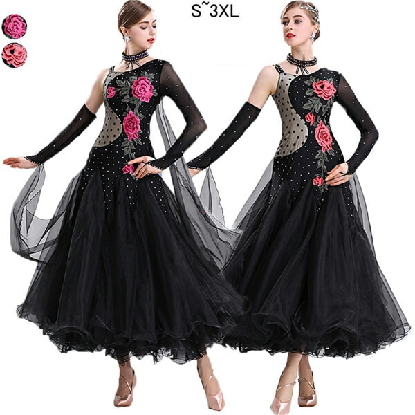 社交ダンス 衣装 モダンドレス 豪華 ドレス 大きい裾 発表会 刺繍 競技着 練習着 演出 スタンダードワルツダンス デモ パーティー ダンスウエア ダンス発表会 団体 S/M/L/XL/2XL/3X