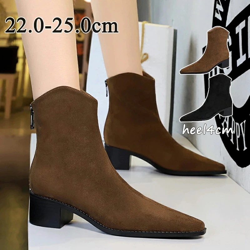 【急速出荷!】ショートブーツ レディース ポインテッドトゥ 4センチ ローヒール 痛くない ブーツ 歩きやすい 疲れない スエード カジュアル ショートブーツ レディース 太ヒール ブーツ チャンキー