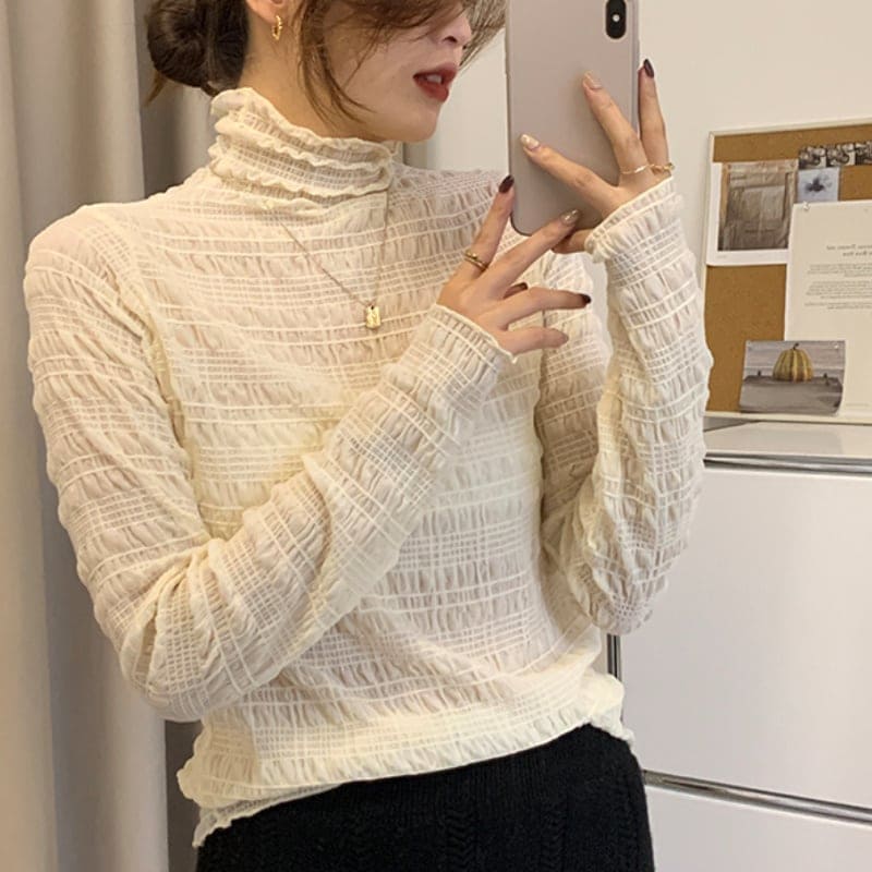 2color レディース カットソー ハイネック 長袖 透け感 ホワイト ブラック お洒落 207