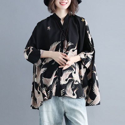 鶴柄 シャツ トップス 7分袖 ワイド かわいい 可愛い きれいめ シンプル カジュアル おしゃれ お洒落 かっこいい アジアン 可愛い 女子 こなれ感 ラフ メンズライク