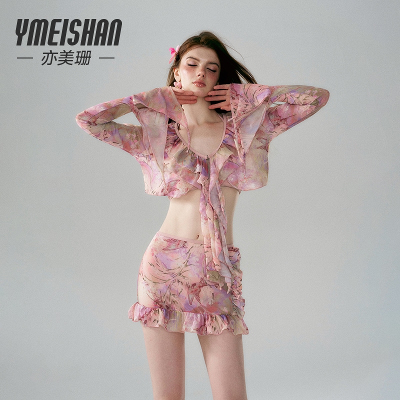 Yimeishan 水着 レディース スプリット長袖 2024 セクシーなブラウス スリム ビキニ水着