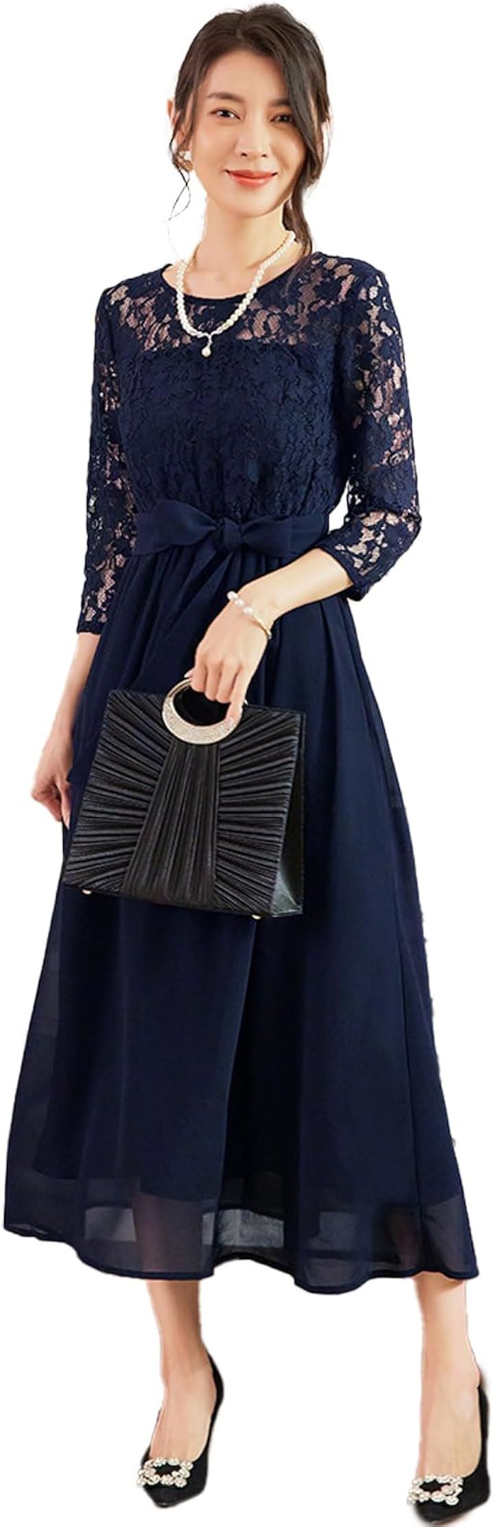 パーティードレス ワンピース 結婚式ドレス 結婚式およばれワンピース フォーマルドレス L( ネイビー, L Regular)