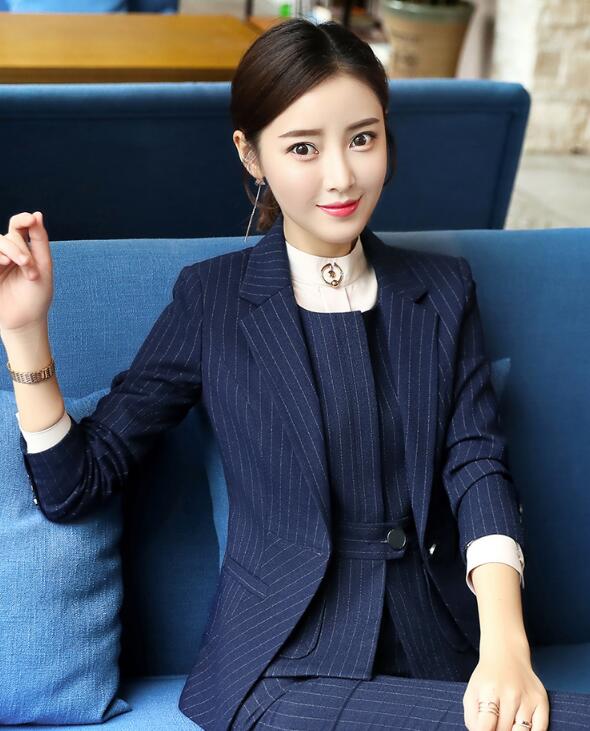 洗えるスーツ「春秋着」2点セットスーツ ビジネス 長袖ジャケット+パンツ/スカート フォーマル 通勤 OL オフィス 制服 春秋着 着痩せ 20代30代40代 ママ 面接 パンツスーツ 縞々柄 S/M