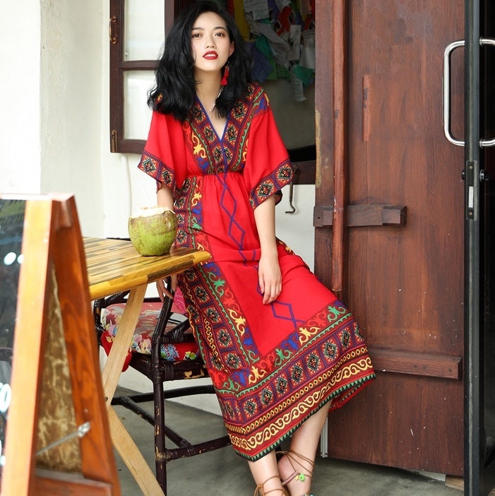 ワンピース フレアワンピース ロング ロング丈 マキシ マキシ丈 袖あり 7分袖 七分袖 Vネック 上品 おしゃれ お洒落 かっこいい レトロ アジアン エスニック エキゾチック 柄 夏 10代