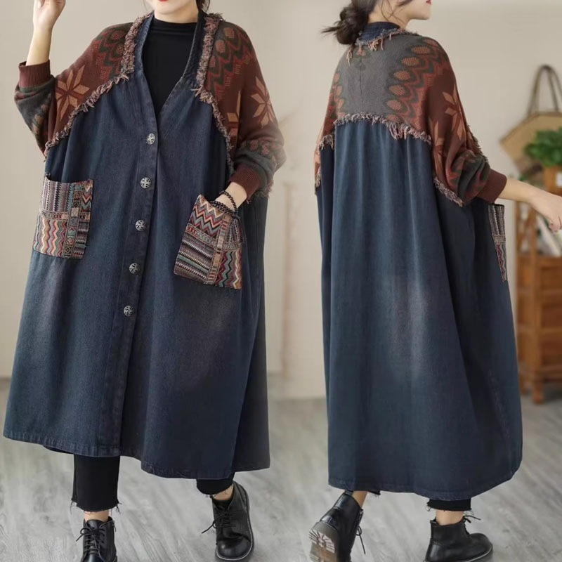 カーディガン ロング エスニック ワンピース風 デニム ショール フリーサイズレディースファッション