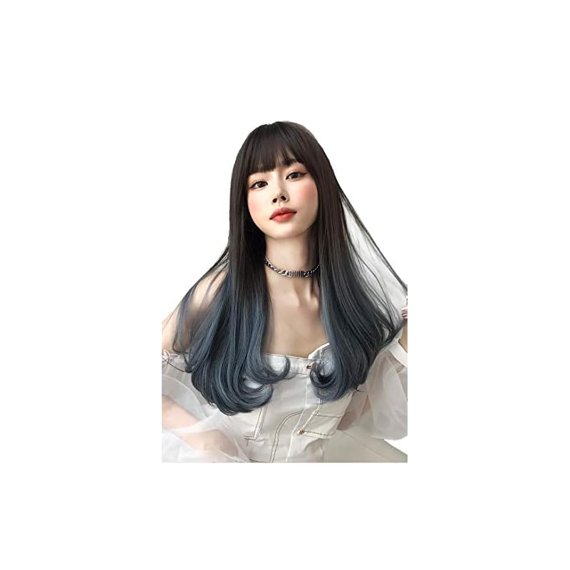 Limakaraウィッグ レディース ロング ストレート グラデーション ブルー かつら フルウィッグ wig 女装 自然 耐熱 ネット/櫛付き (ブラック＆ブルー)