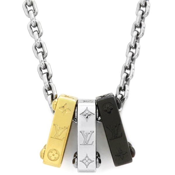 ルイヴィトン LOUIS VUITTON ネックレス ペンダント モノグラム ボールド メタル GP シルバーXゴールドXブラック ガンメタル金具 ペンダント スクエア LVイニシャル LVフラワー