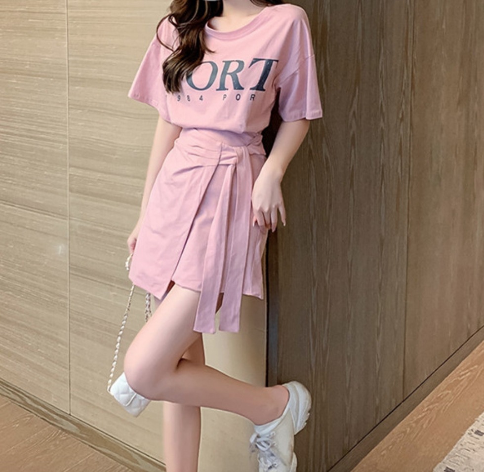 トップス スカート デート かわいい 大人可愛い きれいめ シンプル カジュアル 大人 上品 セットアップ ミニ丈 半袖 Tシャツ スポーティー 休日 学生 公園 夏 ピンク XL 韓国 モテ デート