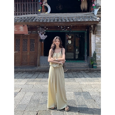 デザイン感ノースリーブキャミソールつぼみトップスゆるいワイド脚カジュアルパンツ2枚セットレディース夏