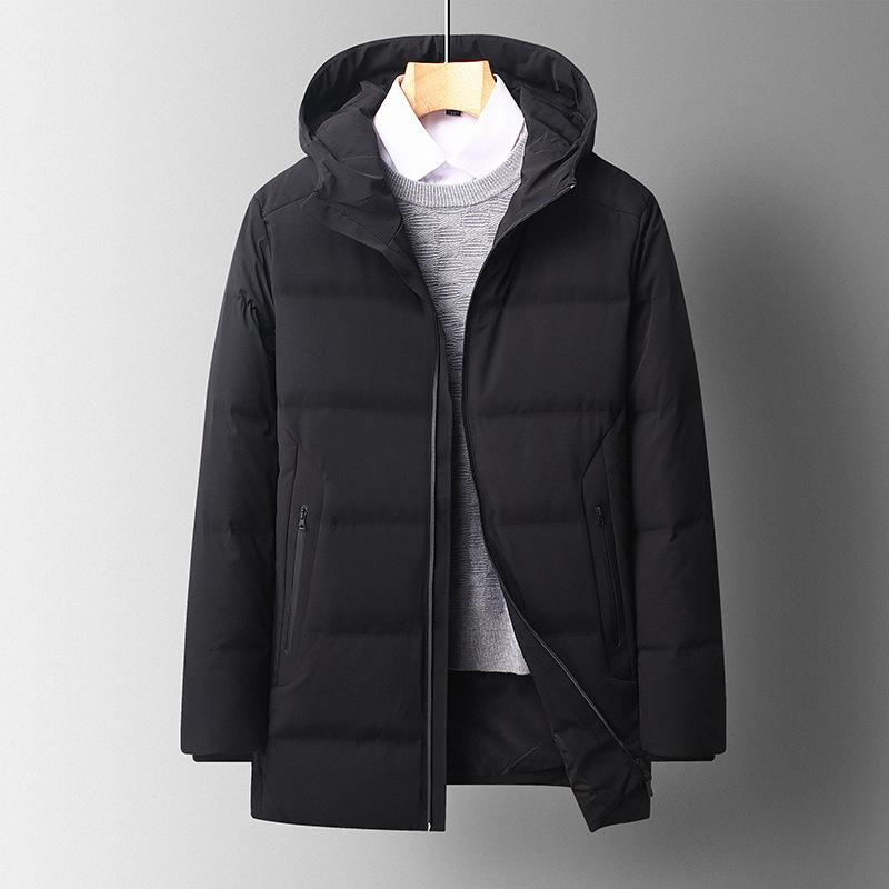 メンズ フード付きミディアム丈ダウンジャケット 無地 上質 ダウンコート 軽量 ZIPポケット ビジカジ 防寒対策 保温 キルティングコート