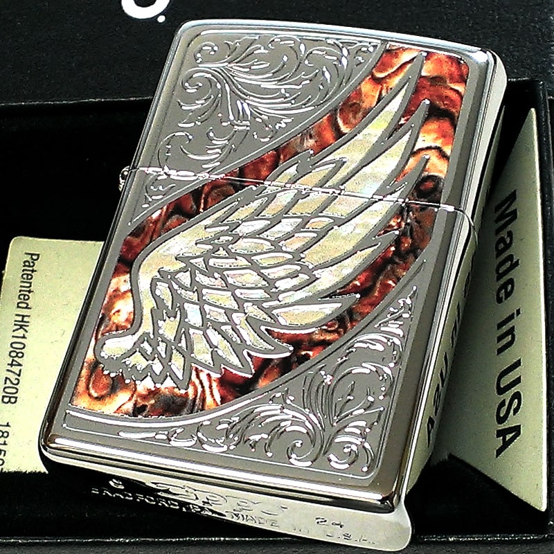 ZIPPO ウイング 天使の羽 ジッポ ライター マーブル ブラウン おしゃれ 翼 シルバー アラベスク 彫刻 茶 御守り メンズ レディース かっこいい ギフト プレゼント