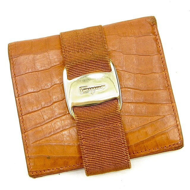 二つ折り財布 ヴァラ金具 クロコダイル調 キャメル ゴールド 中古
