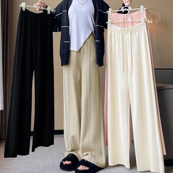 ニットパンツ リブニット ワイドパンツ フレアパンツ リラックスパンツ ウエストゴム ゆったり リラックス 秋冬パンツ ボトムス 美脚(宅急便のみ対応)