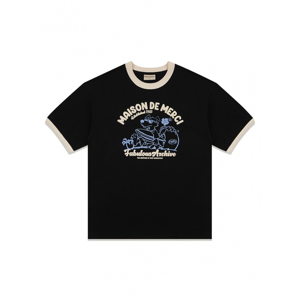 ファビュラスアーカイブユニセックスオーバーフィットパピーサーフィンリンガーショートスリーブ T シャツブラック (FCE2TS401M)