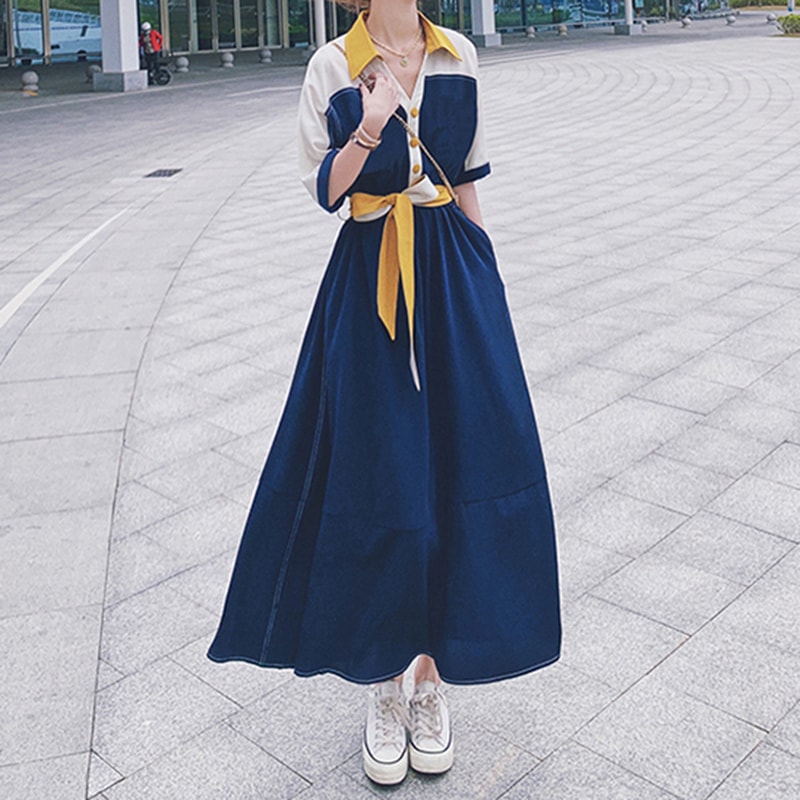 シャツワンピース カジュアル ネイビー 紺 ロング丈 袖あり 半袖 襟付き フレア ボタン