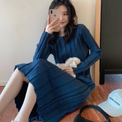 リブニットロングワンピース ワンピース ニット ミモレ丈 長袖 ラウンドネック タイト Iライン