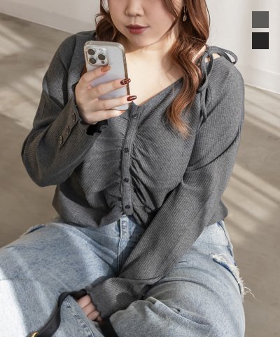 大きいサイズ レディース LL 3L 4L XL XXL XXXL CLETTEオリジナル肩リボンキャザーリブプルオーバー