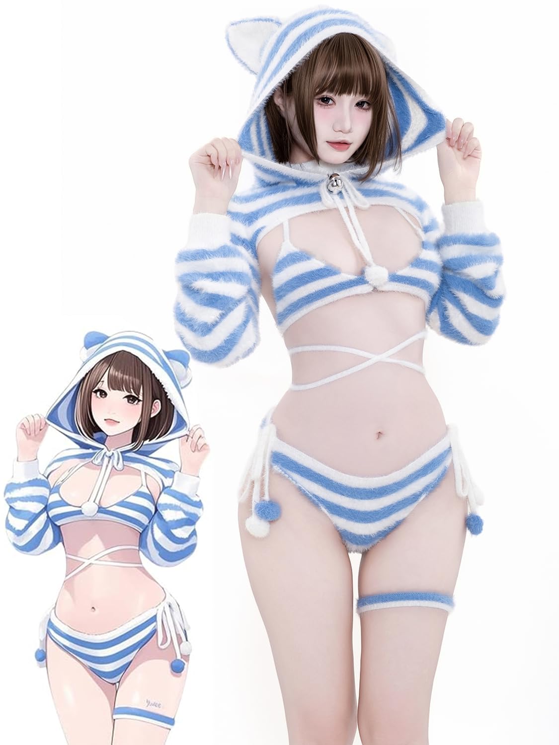 セクシー 猫 コスプレセット 胸空き ふわふわ 萌え猫 可愛い ビキニ＆チョーカー付き ワンサイズ ハロウィン・クリスマス衣装 猫耳 セクシー服 パーティー用コスプレ