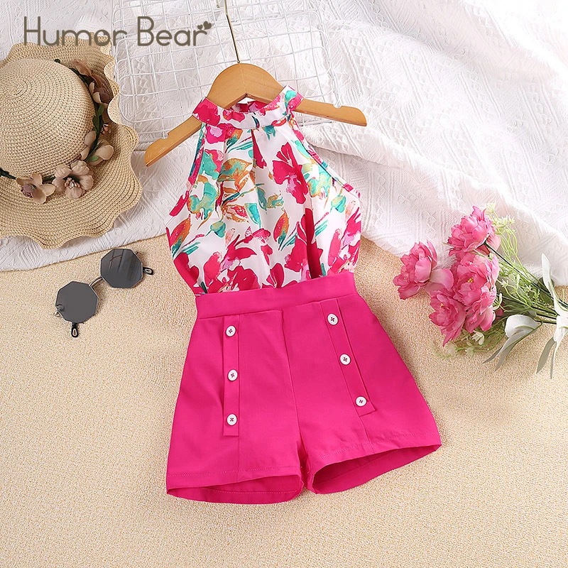 Wedbear-女の子のための夏のスーツボタンとショーツのノースリーブトップ花のデザインピンクの色新しい子供夏2022