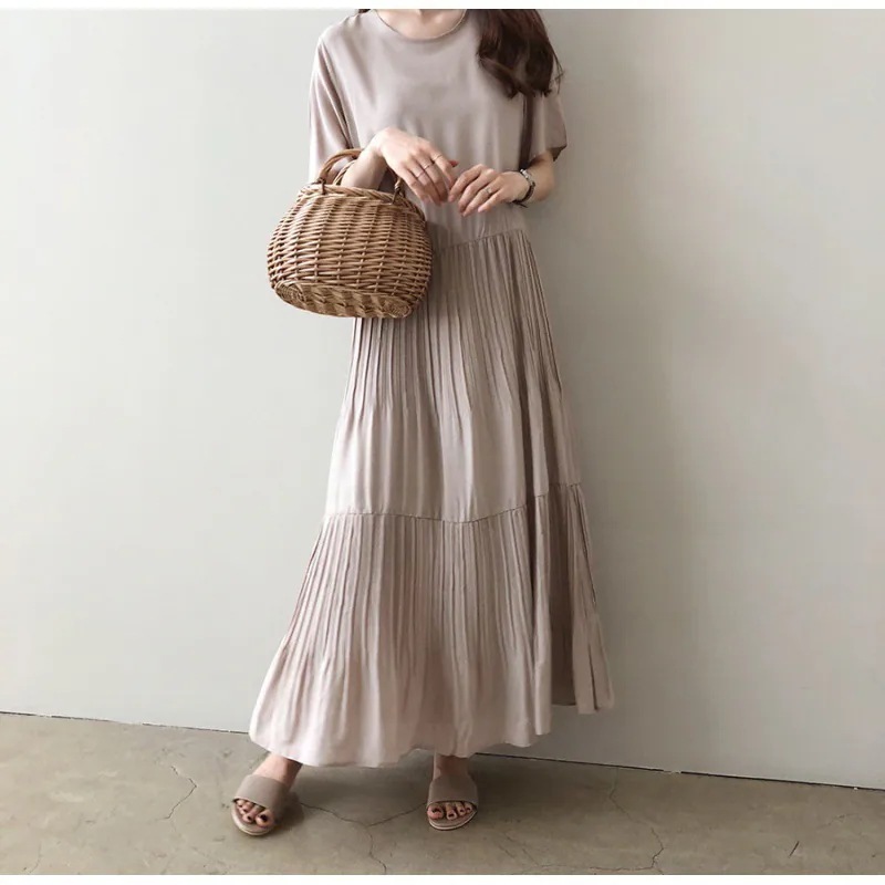 プリーツ ロング ワンピース 半袖 ゆったり ラウンドネック フレア Aライン フェミニン ハイウエスト かわいい 大人可愛い シンプル カジュアル 上品 おしゃれ こなれ感 ラフ ルーズ 抜け感 ク