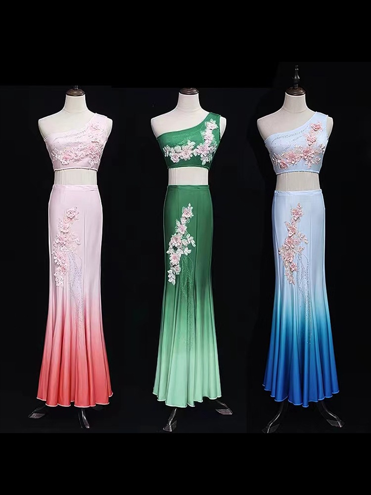 女性芸術試験用の新しい Dai ダンスパフォーマンス衣装ピーコックダンススカートグラデーションフィッシュテールスカートスリム練習スカート