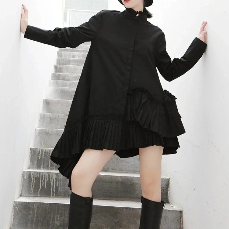 【急速出荷!】シャツシワ復古立ち襟VERSIZEセミロング丈シャツ非対称デザイン綿今っぽシアーシャツ体型カバーチュニック