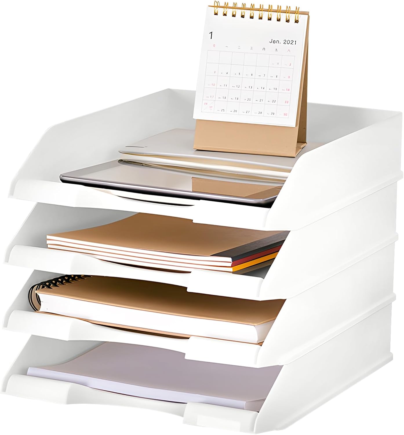 書類トレー A4 4段 縦型 ホワイト 積み重ね可能 卓上収納 書類/文房具/新聞/雑誌/小物収納