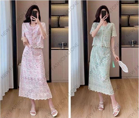 フレンチ半袖レースワンピースセット中ロングスカートイブニングドレス-52