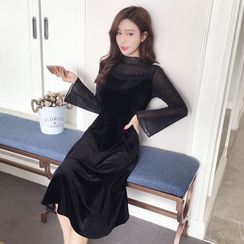 パーティードレス ロングワンピース Aラインワンピース レース 刺繍 長袖 レディース ブラック 黒