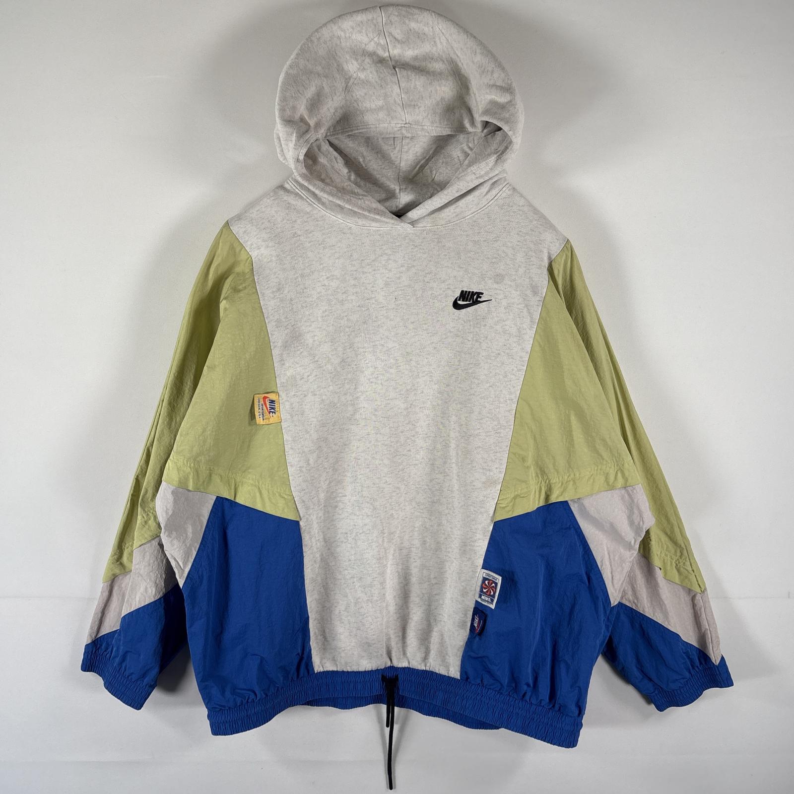 古着 パーカー ナイロン切り替え アイコンクラッシュ ワンポイントロゴ刺繍 スウェット L グレー メンズ