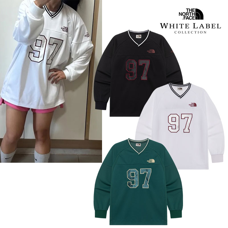 NM5MR05 TNF CREW LS TEE 韓国限定ライン Vネック 長袖 カレッジ 97刺繍 リブ袖 ゆったり シルエット 重ね着 デイリー ホワイトレーベル 快適 超軽量 通気性 ユニセックス