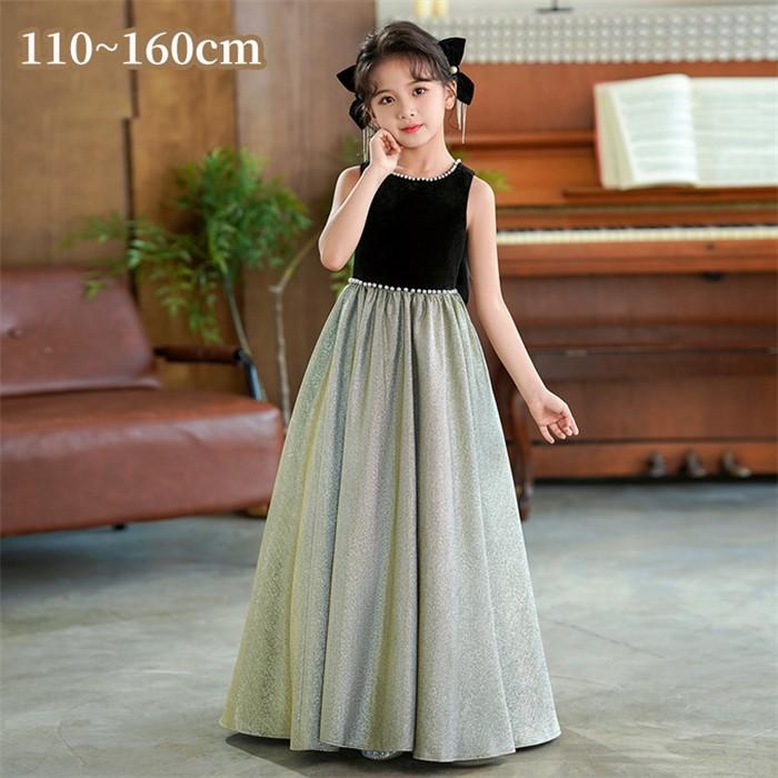 ピアノ発表会 ドレス 子供 女の子 ブラック グリーン 発表会ドレス ノースリーブ 子ども ワンピース お祝い日 演奏会 音楽会 フォーマル 誕生日 撮影