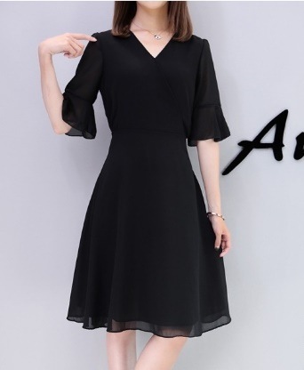 1739.Vネックシフォンシンプルワンピース（ブラック）2019 春夏 sale 女子会 通学 通勤 お呼ばれ 結婚式 フォーマル